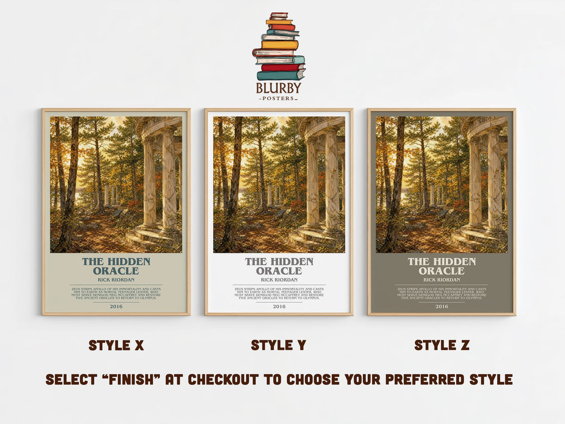 The Hidden Oracle bookish print in frame leaning in hallway – young adult wall art (mockup)