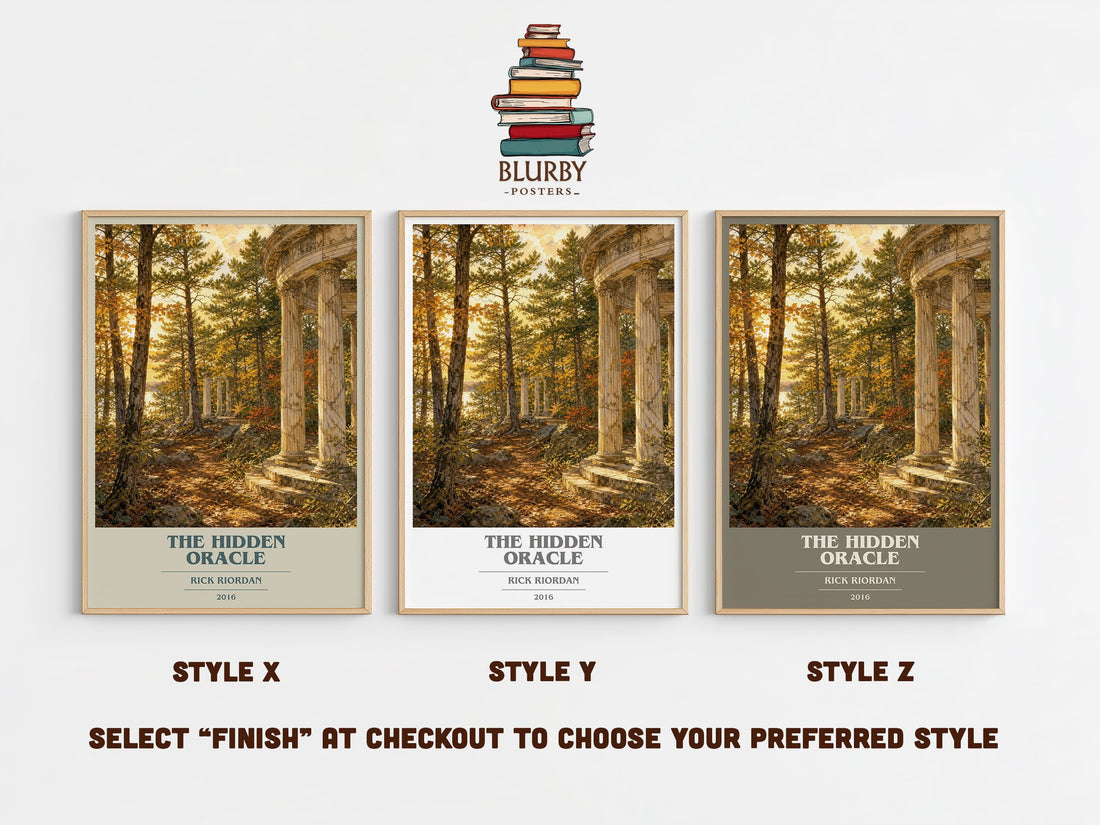 The Hidden Oracle book cover print in frame leaning in hallway – young adult wall art (mockup)