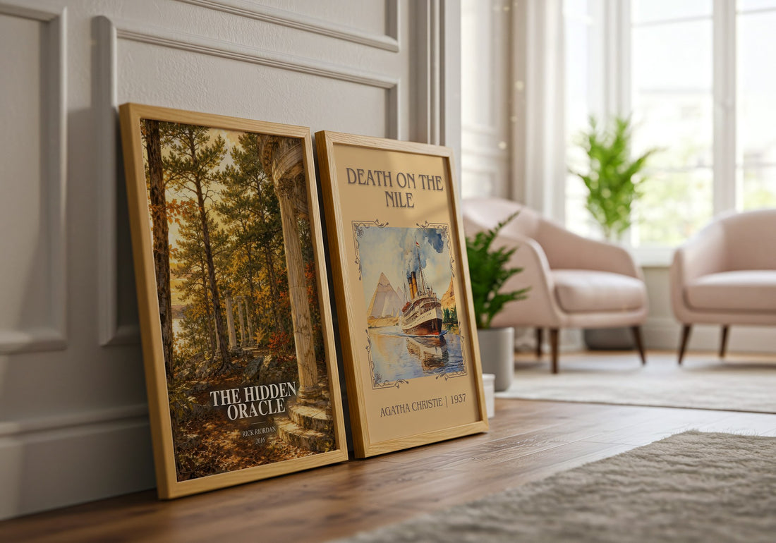 The Hidden Oracle watercolour print framed by window – literary home decor
