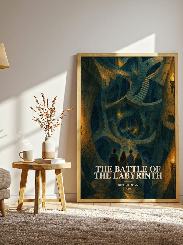 The Battle of the Labyrinth watercolour print in frame leaning in hallway – young adult wall art