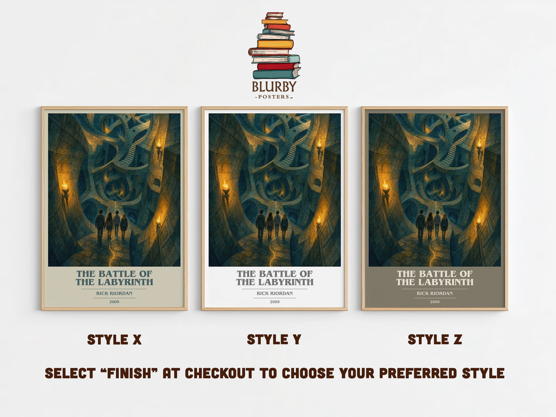 The Battle of the Labyrinth book cover print in frame leaning in hallway – young adult wall art (mockup)