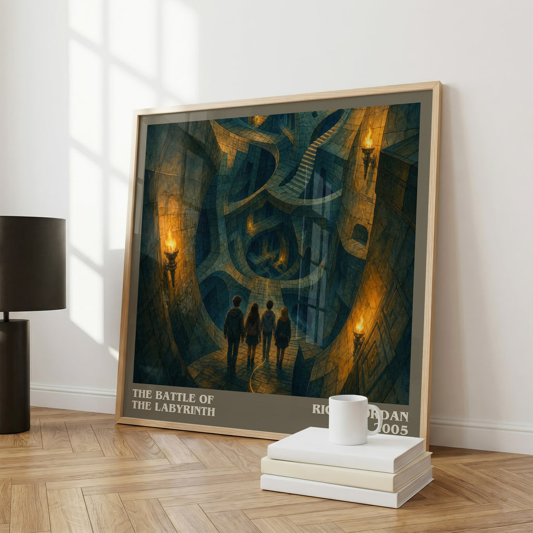 The Battle of the Labyrinth literary print framed by window – literary home decor