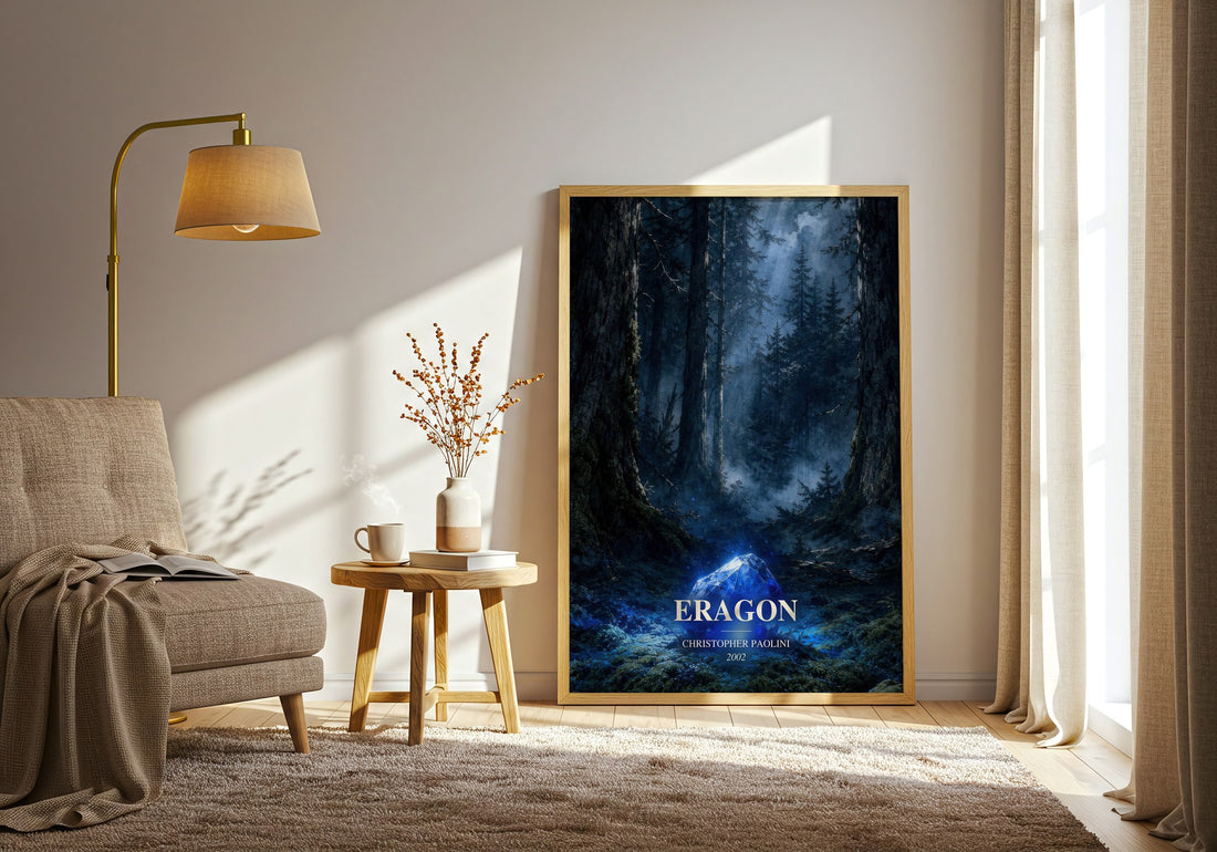 Eragon watercolour print in frame leaning in hallway – fantasy wall art (mockup)