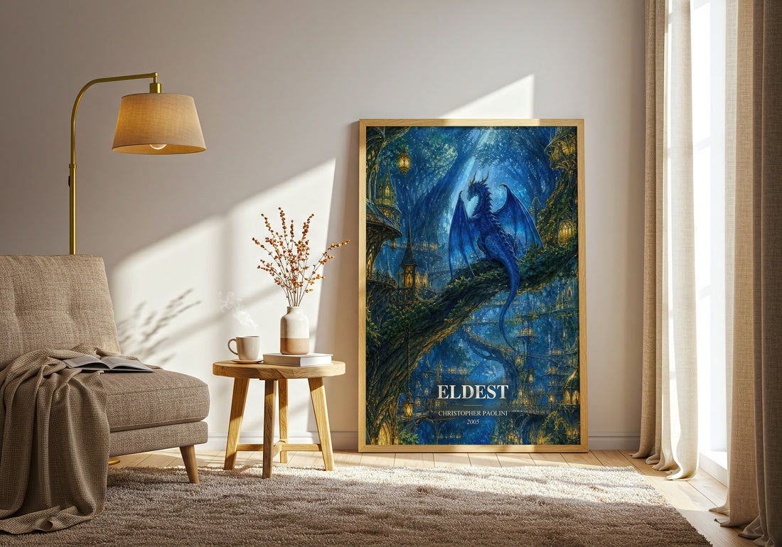 Eldest watercolour print in frame leaning in hallway – fantasy wall art (mockup)