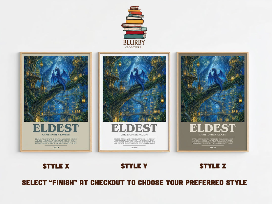 Eldest bookish print in frame leaning in hallway – fantasy wall art (mockup)