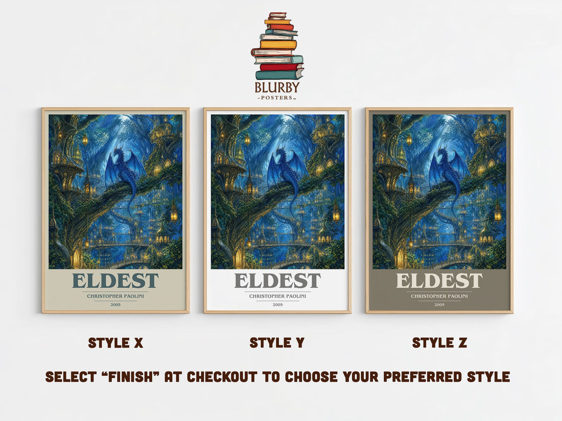 Eldest book cover print in frame leaning in hallway – fantasy wall art (mockup)