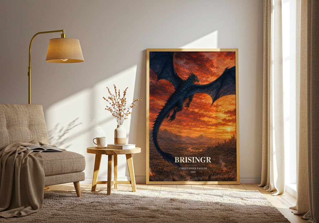 Brisingr watercolour print in frame leaning in hallway – fantasy wall art (mockup)