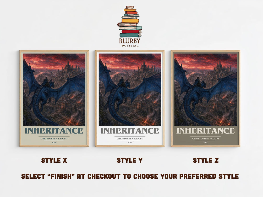 Inheritance book cover print in frame leaning in hallway – fantasy wall art (mockup)