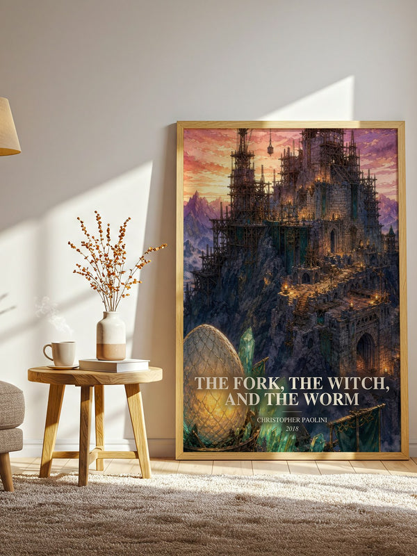 The Fork, the Witch, and the Worm watercolour print in frame leaning in hallway – fantasy wall art