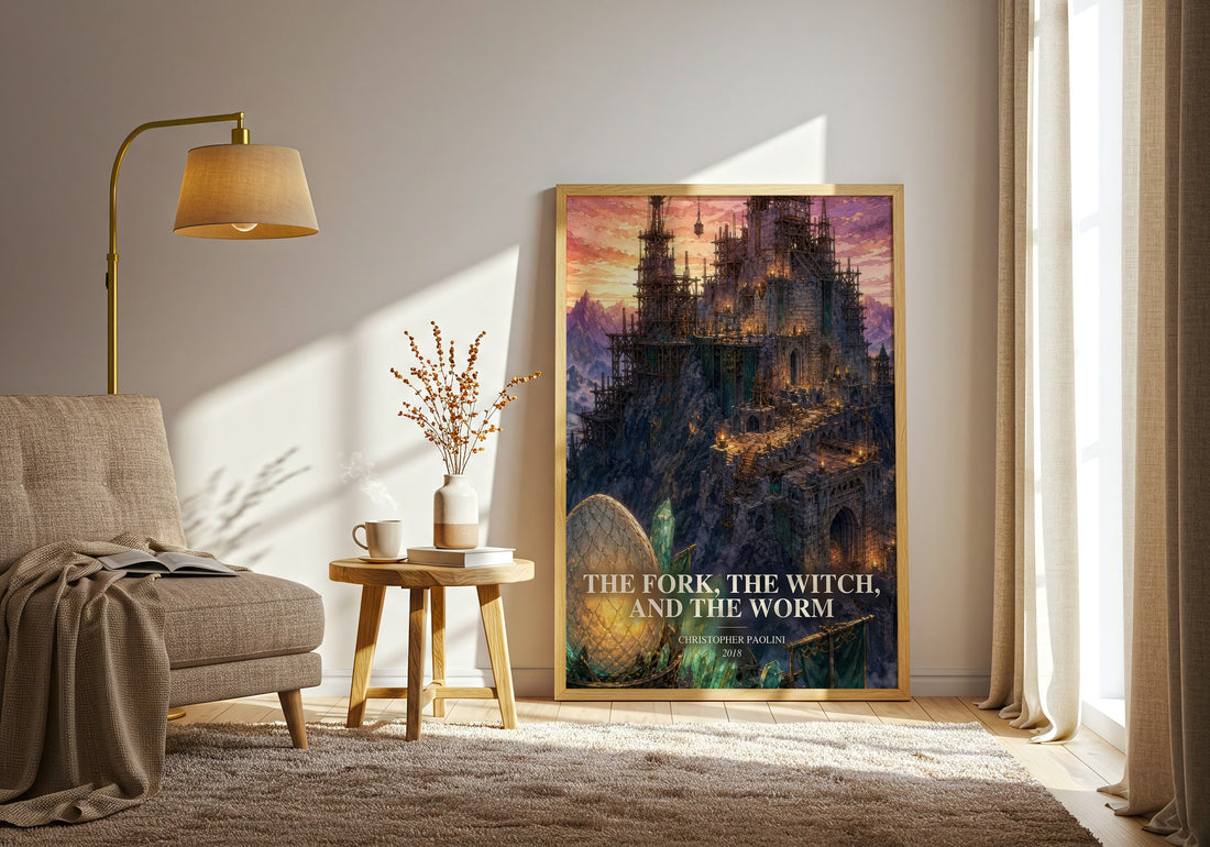 The Fork, the Witch, and the Worm watercolour print in frame leaning in hallway – fantasy wall art (mockup)