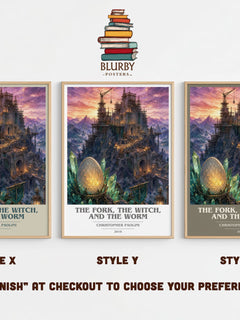 The Fork, the Witch, and the Worm book cover print in frame leaning in hallway – fantasy wall art