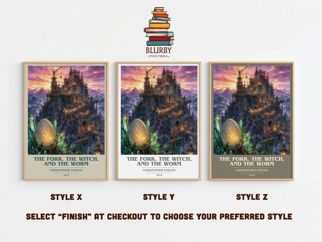 The Fork, the Witch, and the Worm book cover print in frame leaning in hallway – fantasy wall art (mockup)