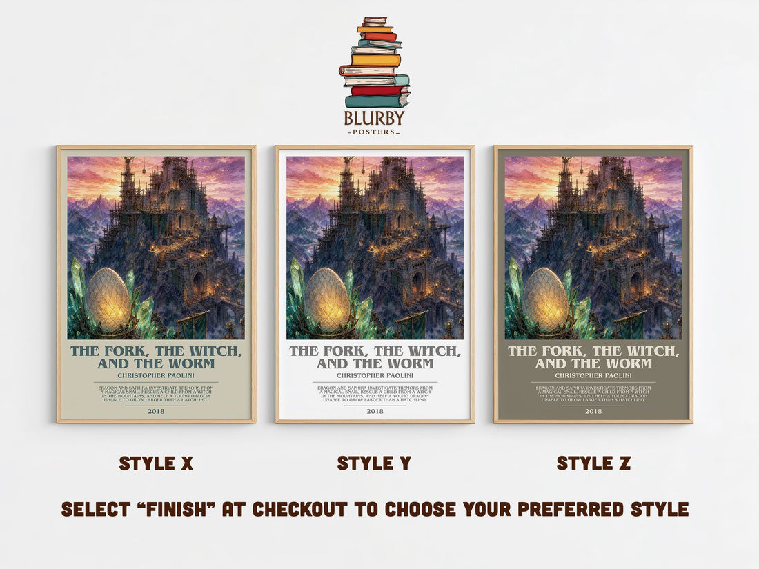 The Fork, the Witch, and the Worm bookish print in frame leaning in hallway – fantasy wall art (mockup)
