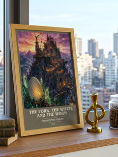 The Fork, the Witch, and the Worm book cover print framed by window – literary home decor