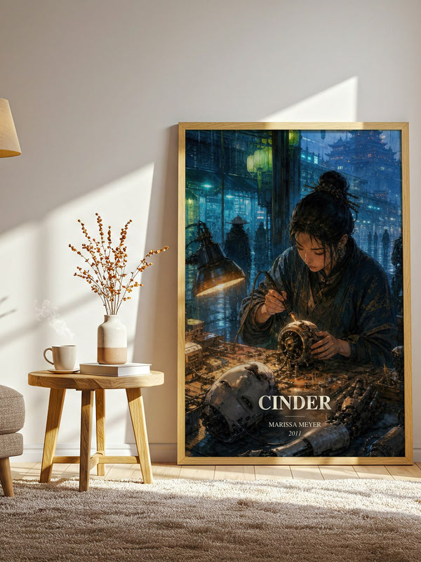 Cinder watercolour print in frame leaning in hallway – sci fi wall art