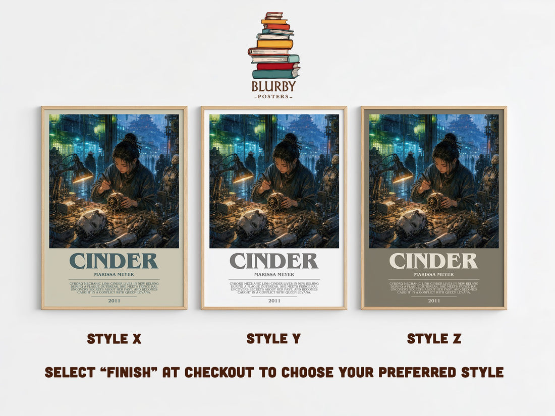 Cinder bookish print in frame leaning in hallway – sci fi wall art (mockup)