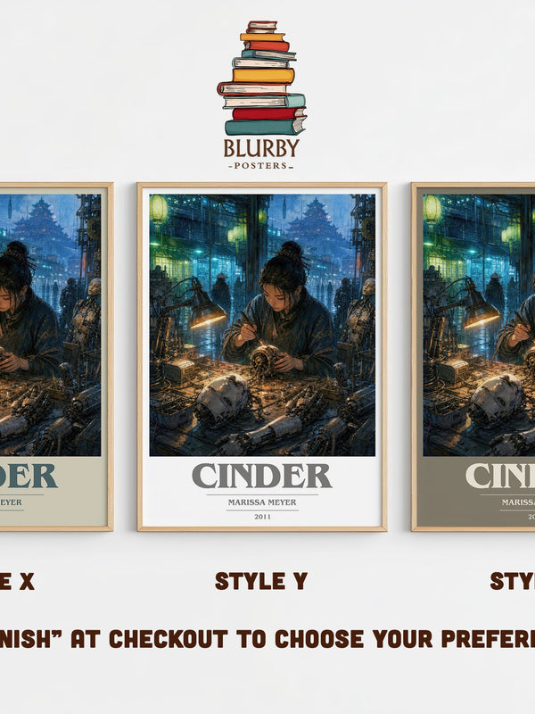 Cinder book cover print in frame leaning in hallway – sci fi wall art