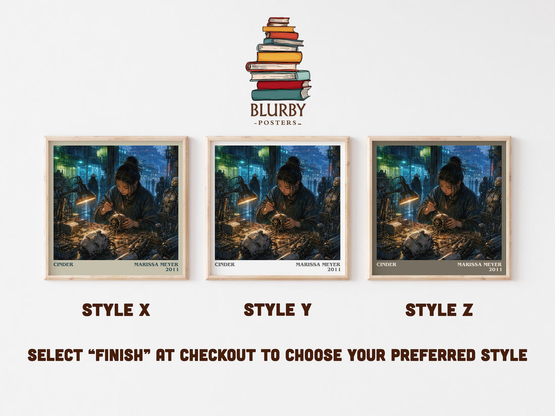 Cinder literary print in frame leaning in hallway – sci fi wall art (mockup)