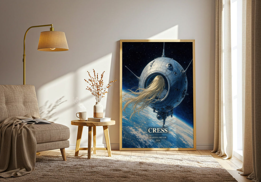 Cress watercolour print in frame leaning in hallway – sci fi wall art (mockup)