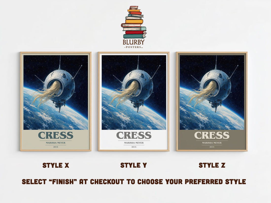 Cress book cover print in frame leaning in hallway – sci fi wall art (mockup)