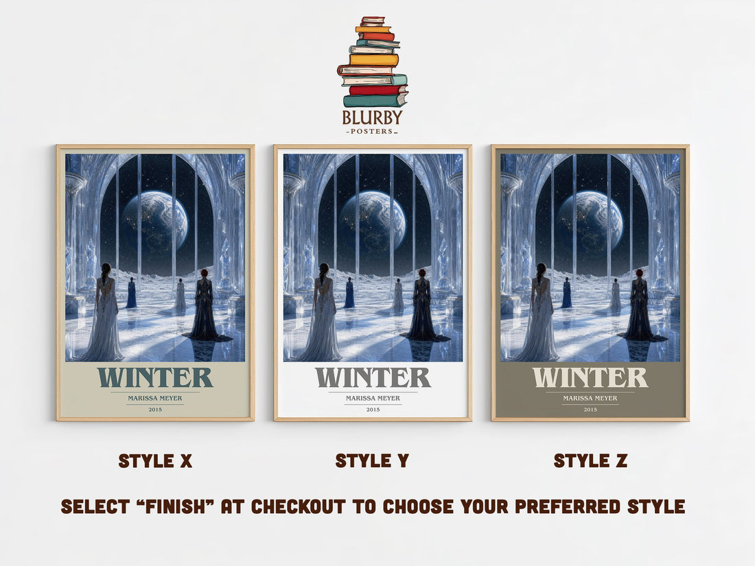 Winter book cover print in frame leaning in hallway – young adult wall art (mockup)