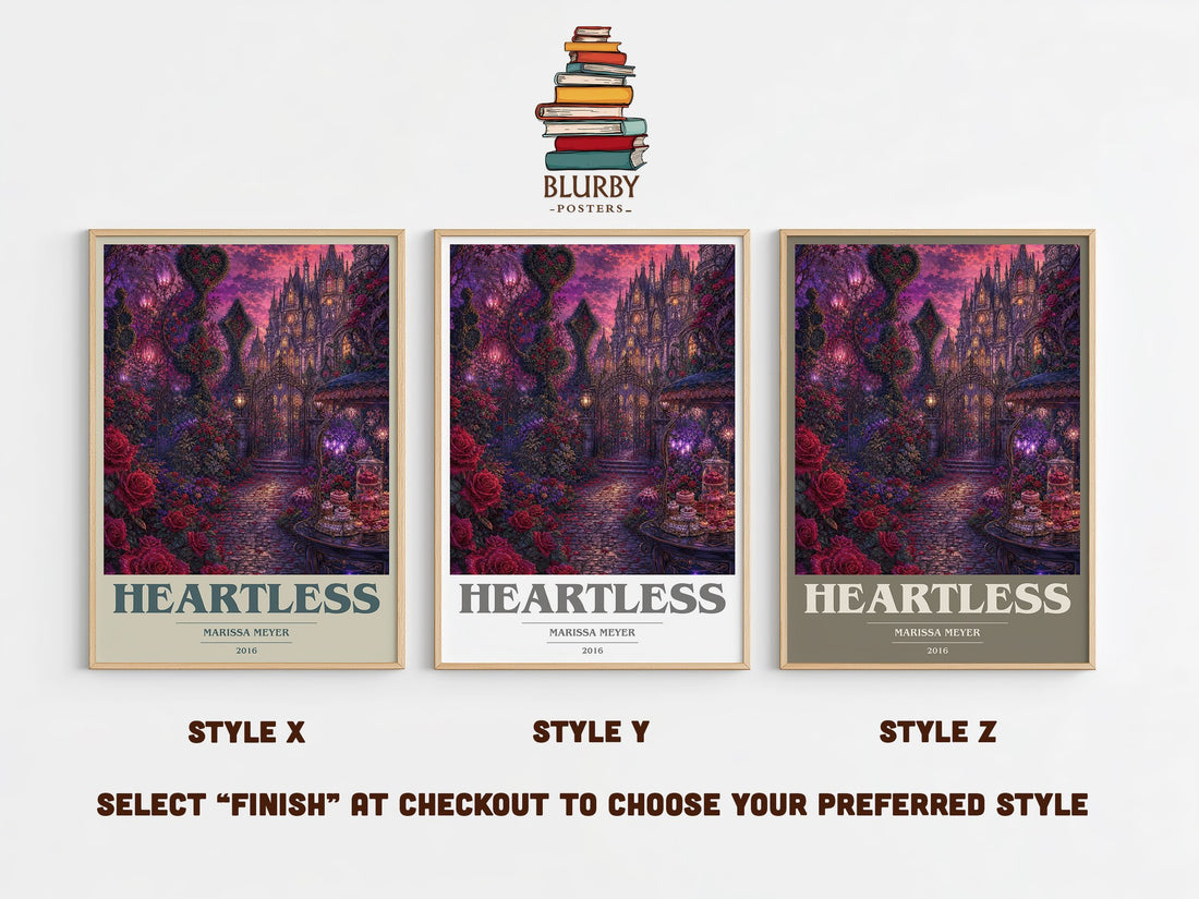 Heartless book cover print in frame leaning in hallway – young adult wall art (mockup)
