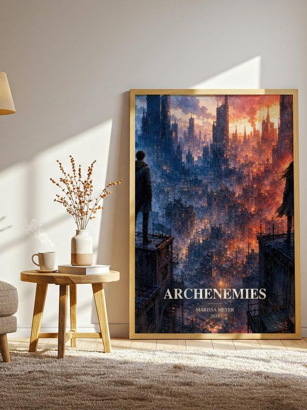 Archenemies watercolour print in frame leaning in hallway – young adult wall art