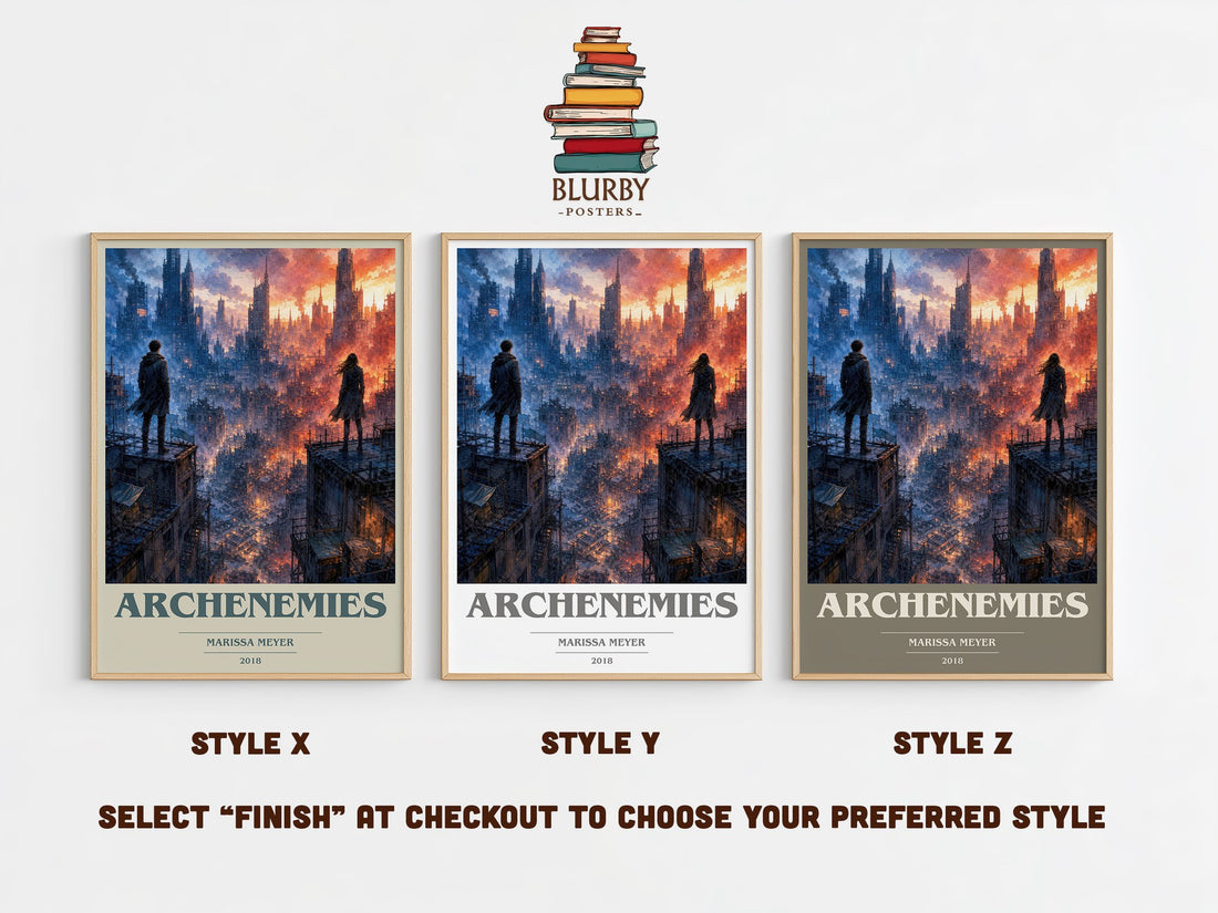 Archenemies book cover print in frame leaning in hallway – young adult wall art (mockup)