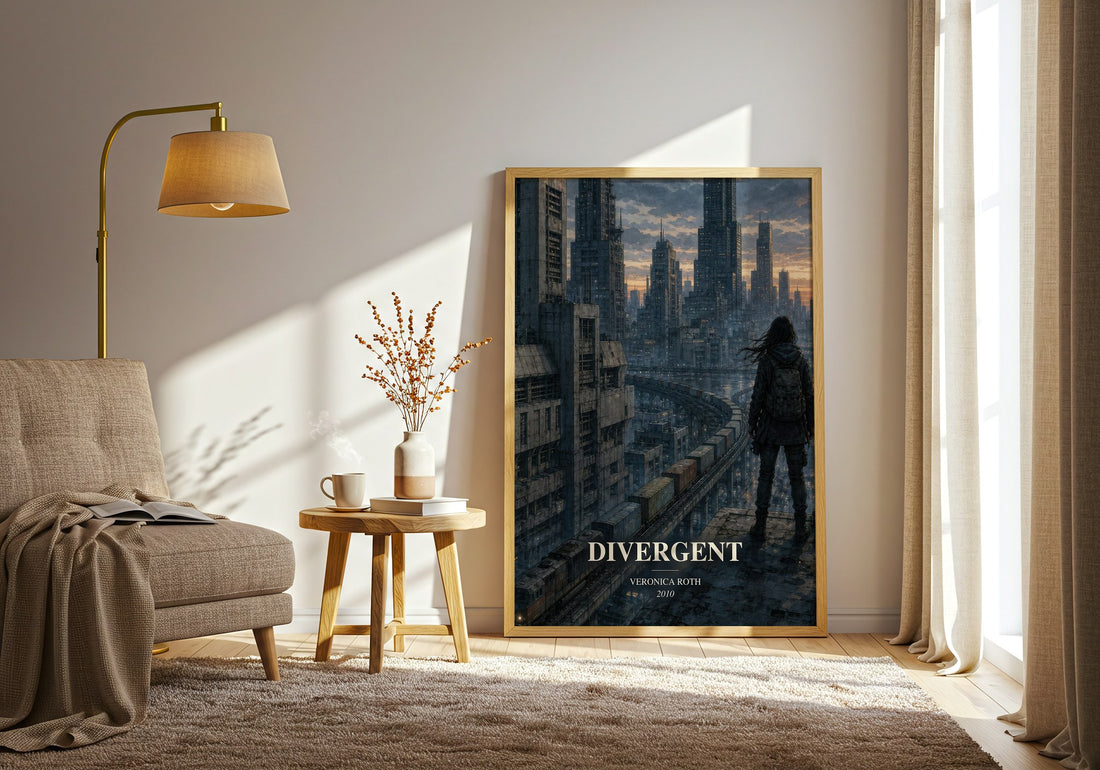 Divergent watercolour print in frame leaning in hallway – dystopian wall art (mockup)
