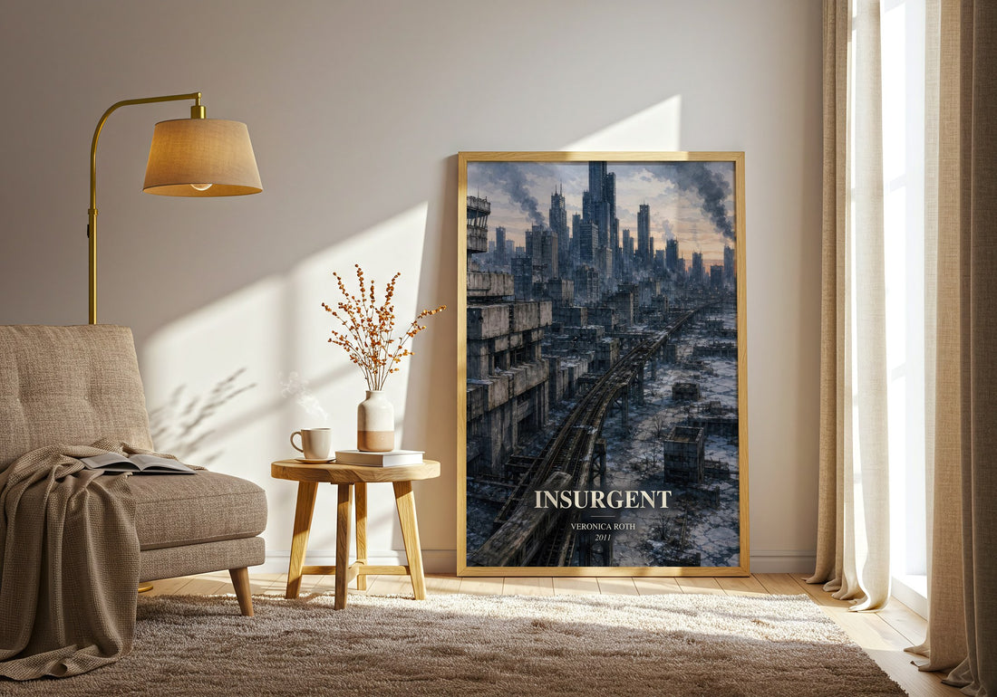 Insurgent watercolour print in frame leaning in hallway – dystopian wall art (mockup)