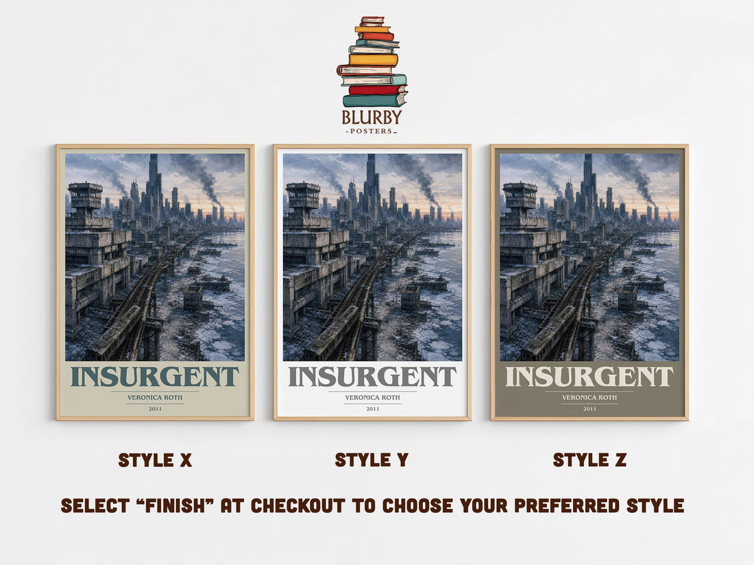 Insurgent book cover print in frame leaning in hallway – dystopian wall art (mockup)