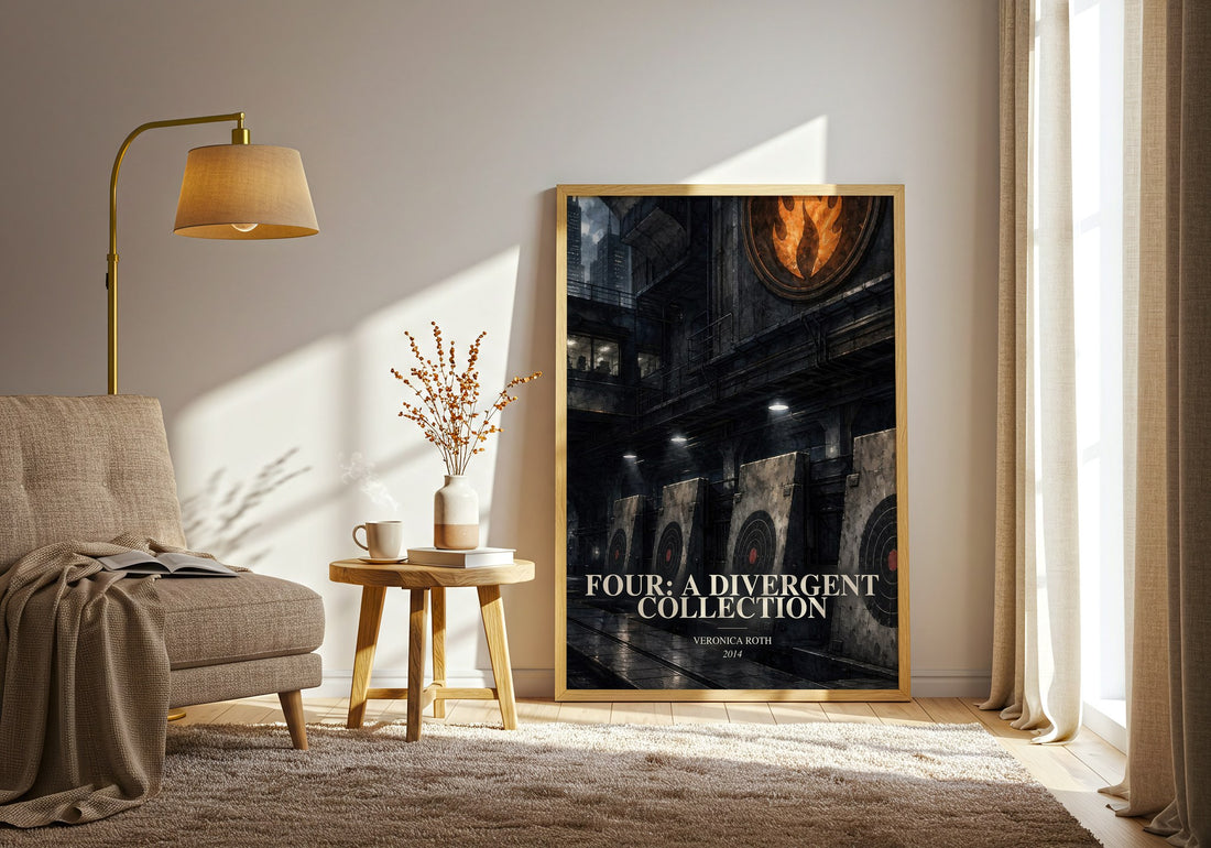 Four: A Divergent Collection watercolour print in frame leaning in hallway – young adult wall art (mockup)
