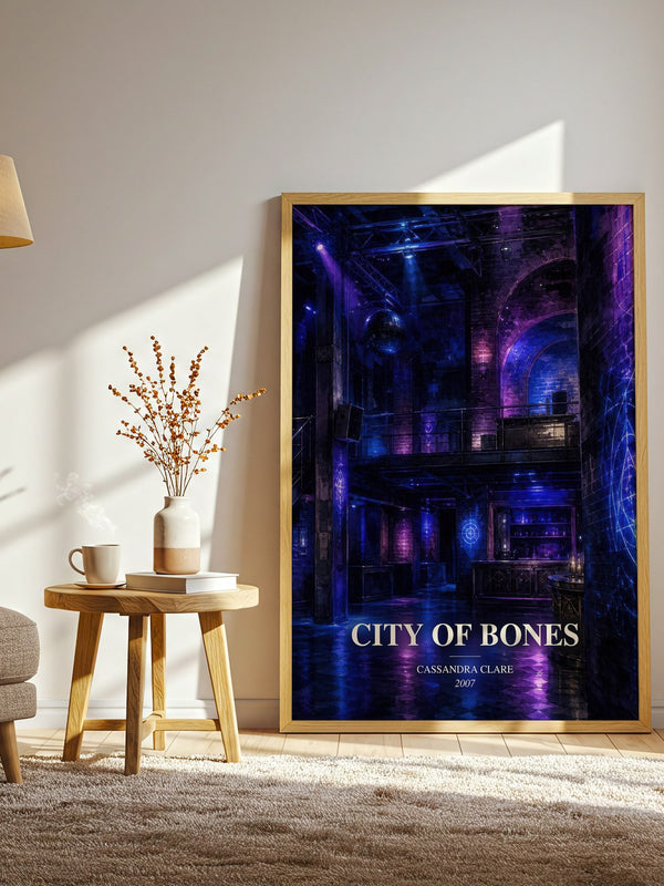 City of Bones watercolour print in frame leaning in hallway – young adult wall art