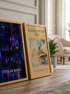 City of Bones watercolour print framed by window – literary home decor