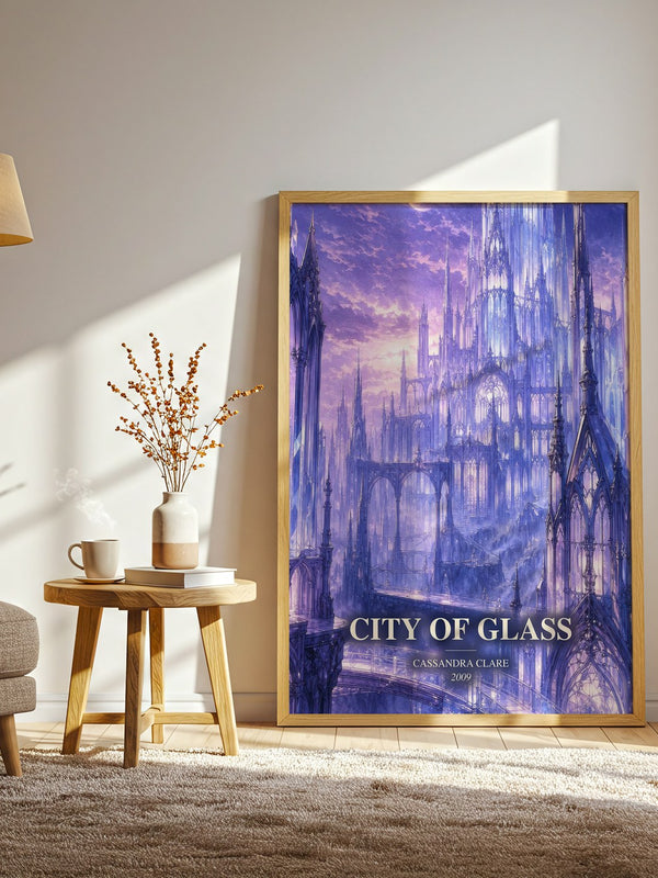 City of Glass watercolour print in frame leaning in hallway – young adult wall art
