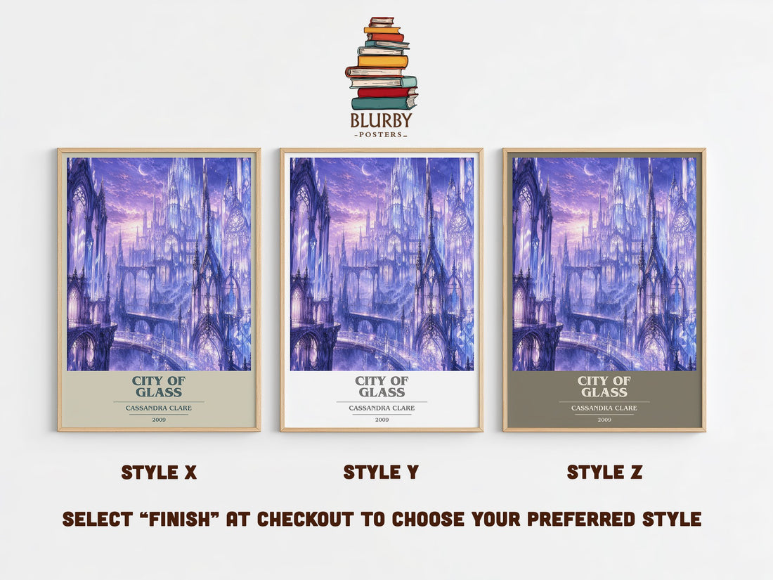 City of Glass book cover print in frame leaning in hallway – young adult wall art (mockup)