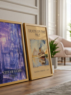 City of Glass watercolour print framed by window – literary home decor