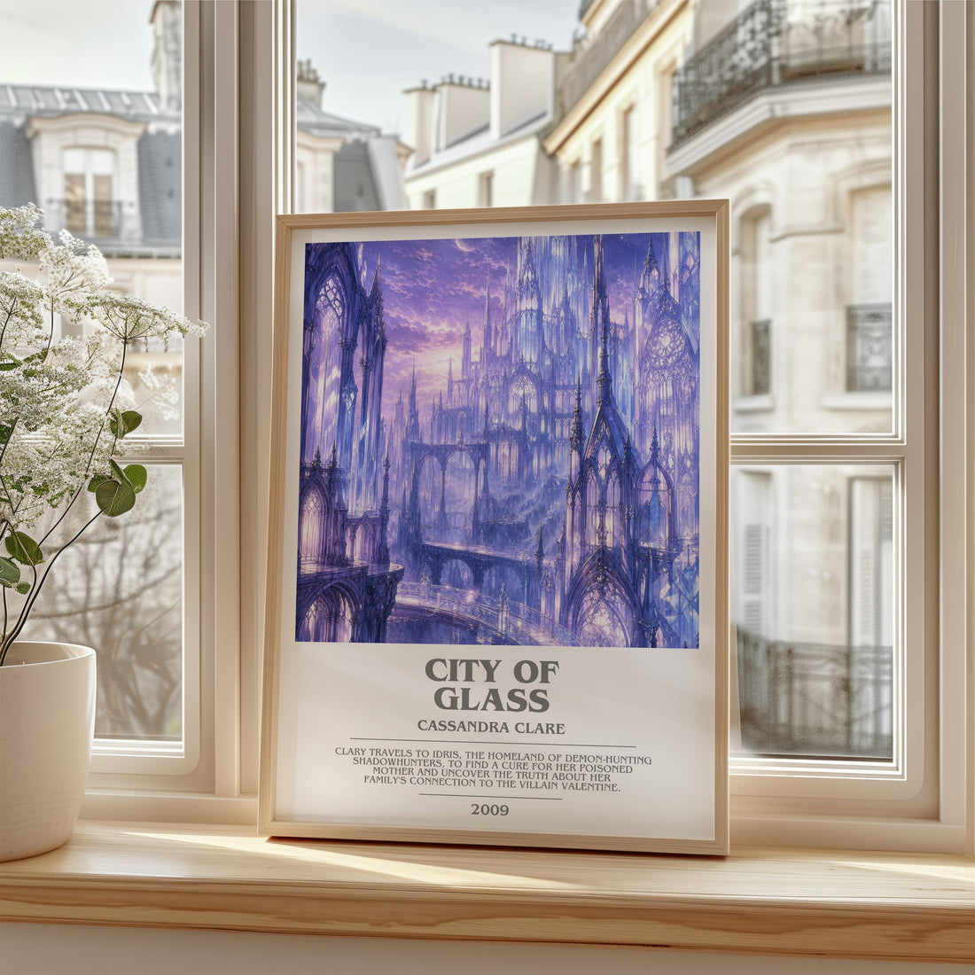 City of Glass Bookish Wall Art by Cassandra Clare – framed print by a bright window