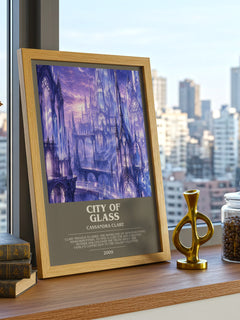 City of Glass Bookish Wall Art by Cassandra Clare – framed print on a city-view windowsill