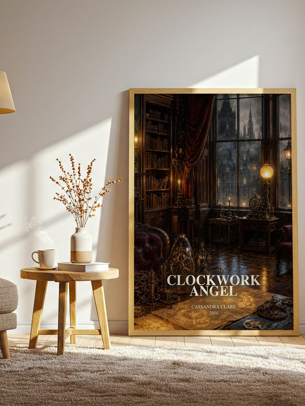 Clockwork Angel watercolour print in frame leaning in hallway – fantasy wall art