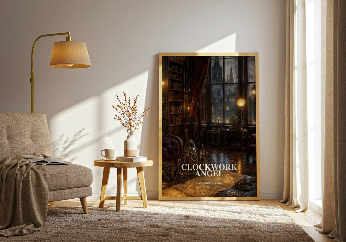 Clockwork Angel watercolour print in frame leaning in hallway – fantasy wall art (mockup)