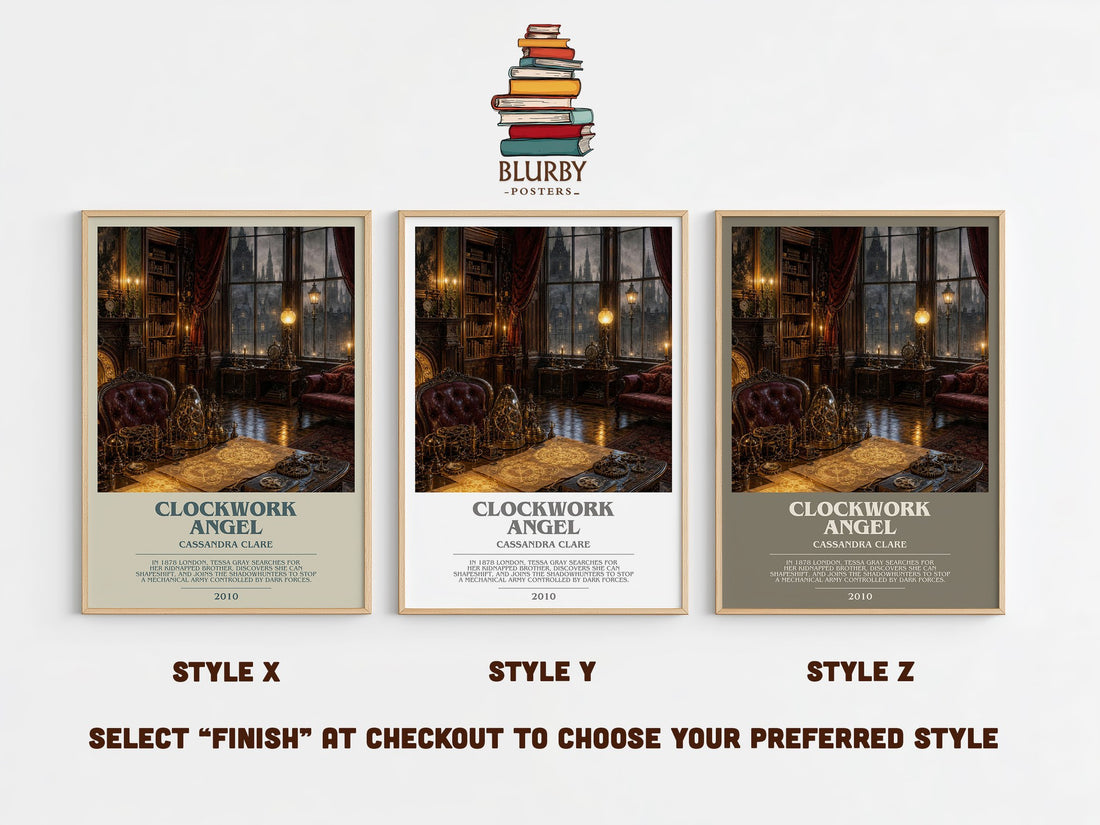 Clockwork Angel bookish print in frame leaning in hallway – fantasy wall art (mockup)