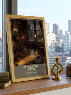 Clockwork Angel book cover print framed by window – literary home decor
