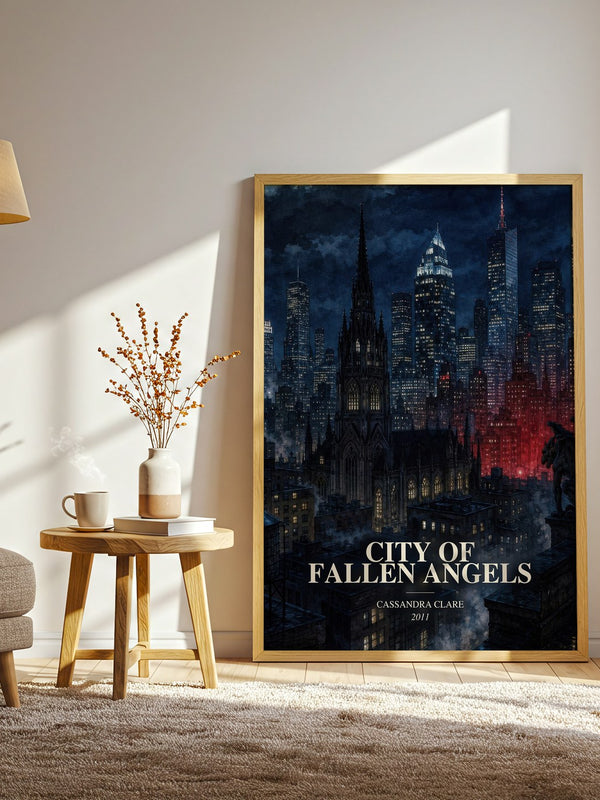 City of Fallen Angels watercolour print in frame leaning in hallway – young adult wall art