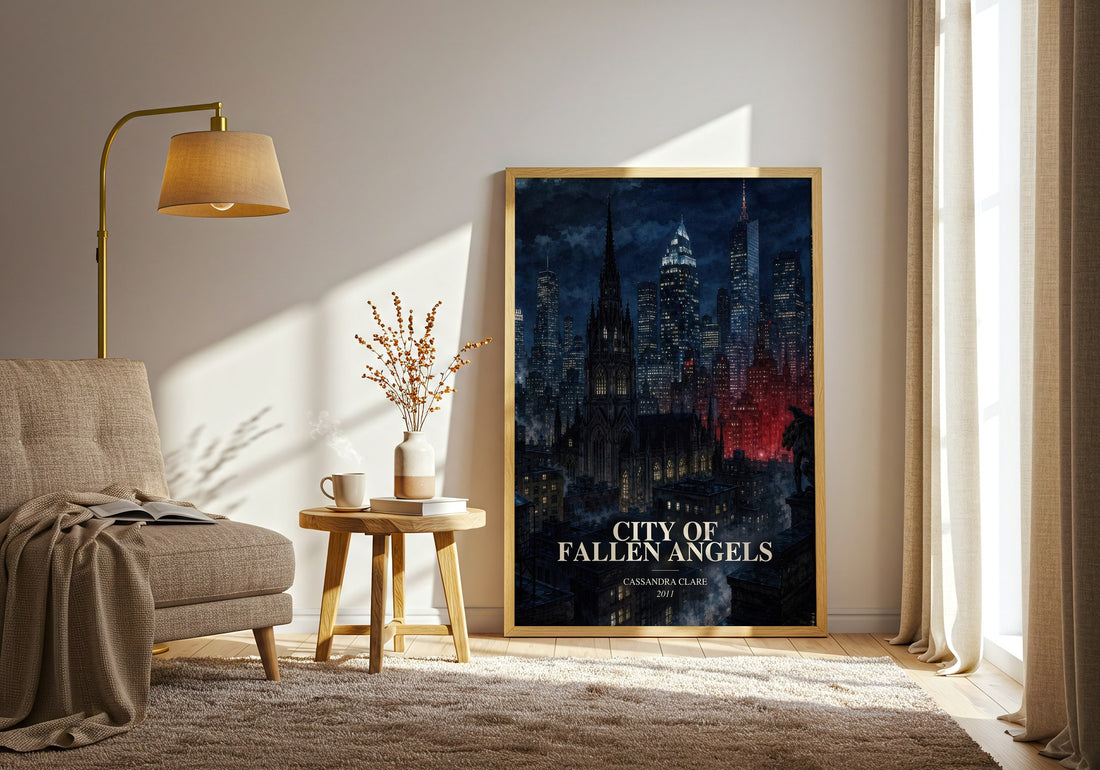 City of Fallen Angels watercolour print in frame leaning in hallway – young adult wall art (mockup)