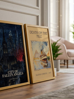 City of Fallen Angels watercolour print framed by window – literary home decor