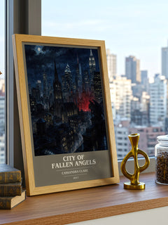 City of Fallen Angels book cover print framed by window – literary home decor