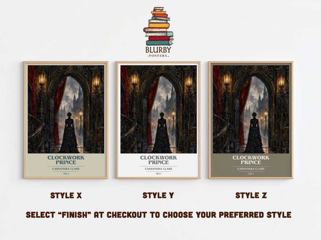 Clockwork Prince book cover print in frame leaning in hallway – fantasy wall art (mockup)