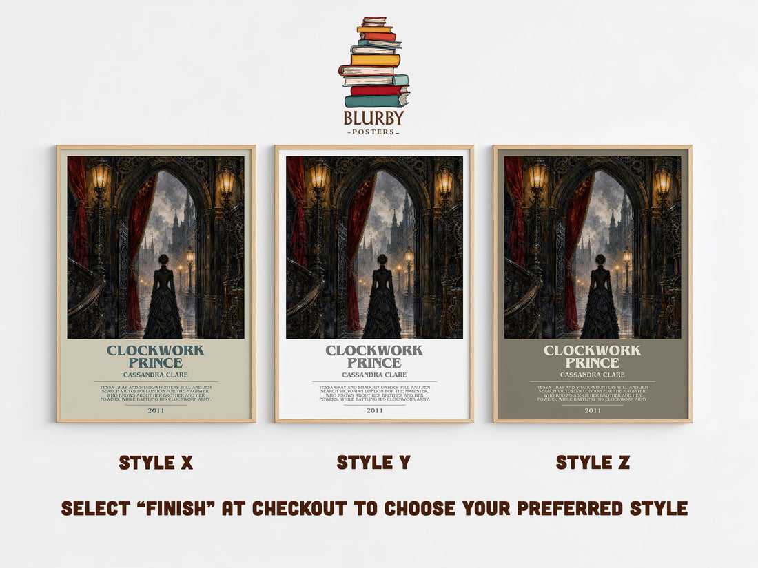 Clockwork Prince bookish print in frame leaning in hallway – fantasy wall art (mockup)