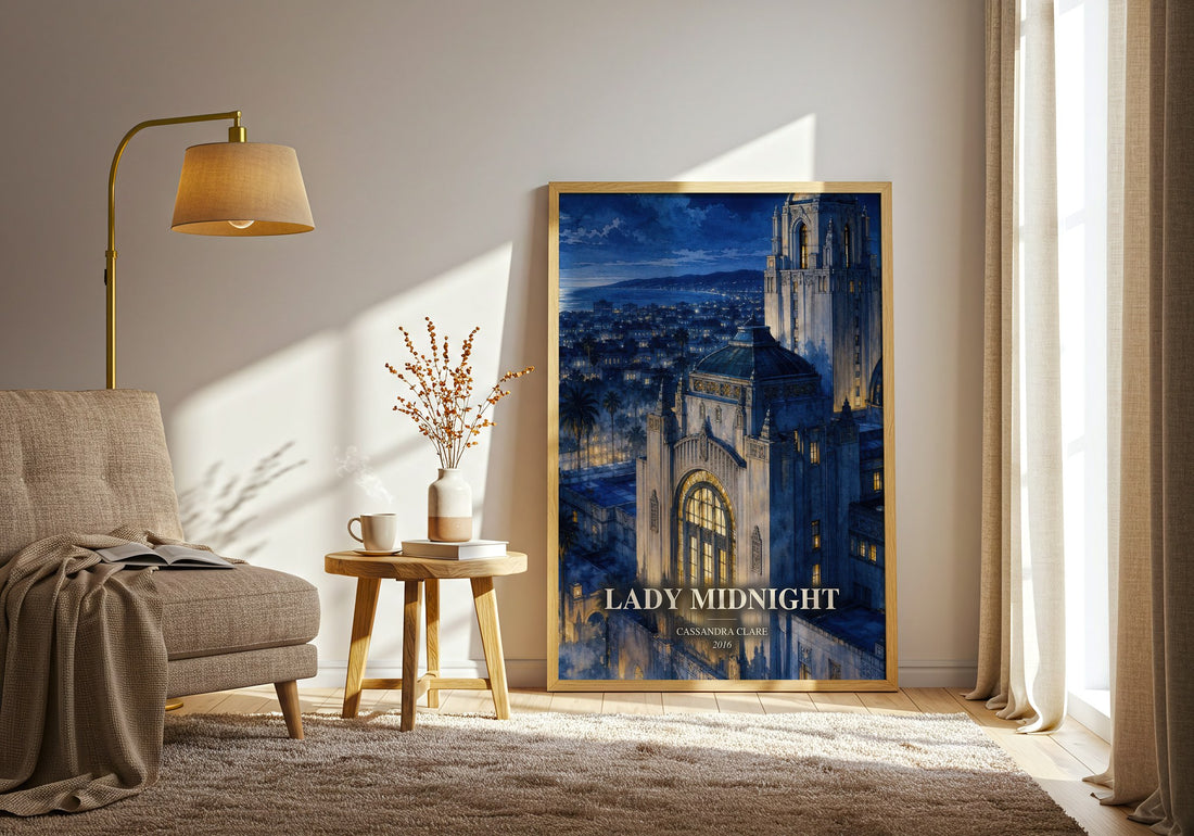 Lady Midnight watercolour print in frame leaning in hallway – fantasy wall art (mockup)